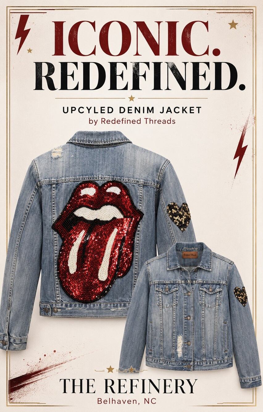 OOAK Upcycled Denim Jacket Rolling Stones Rock & Roll M/L Universal Threads